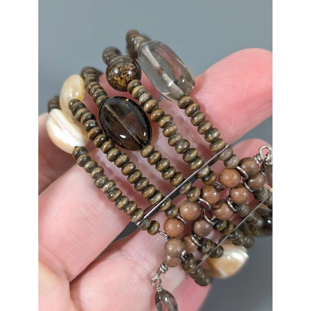 Wide Brown Beaded Cuff Bracelet Wood Shell‎ Glass Flexible Boho
